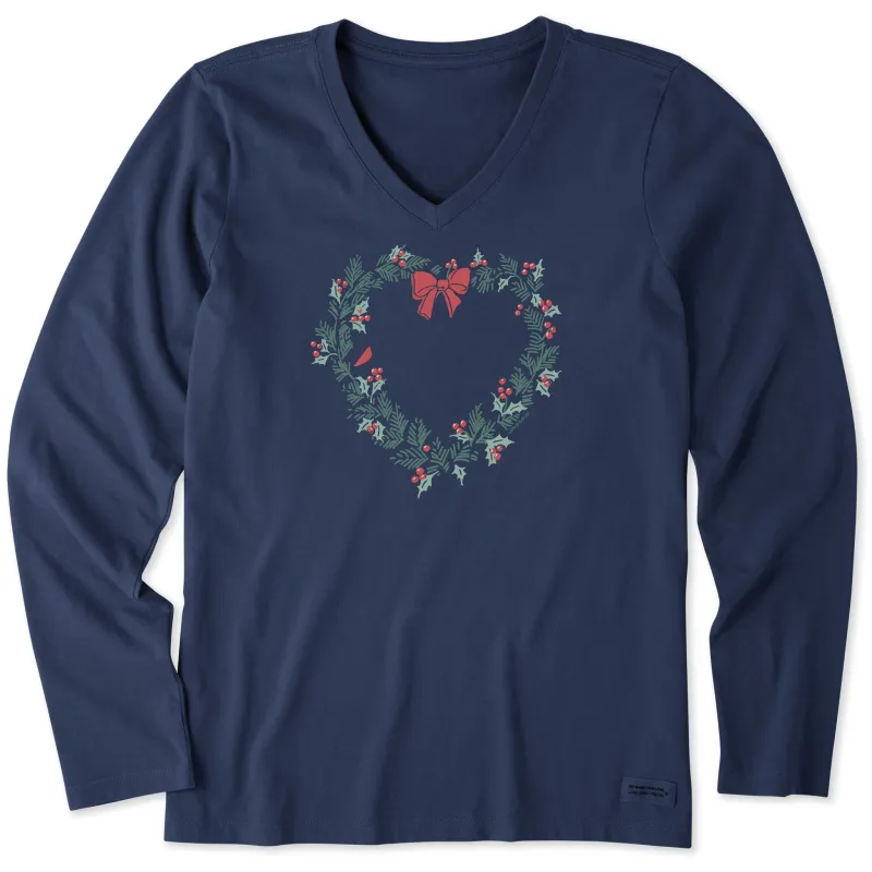 Women's Heart Wreath Long Sleeve Crusher Vee sold by Life is Good