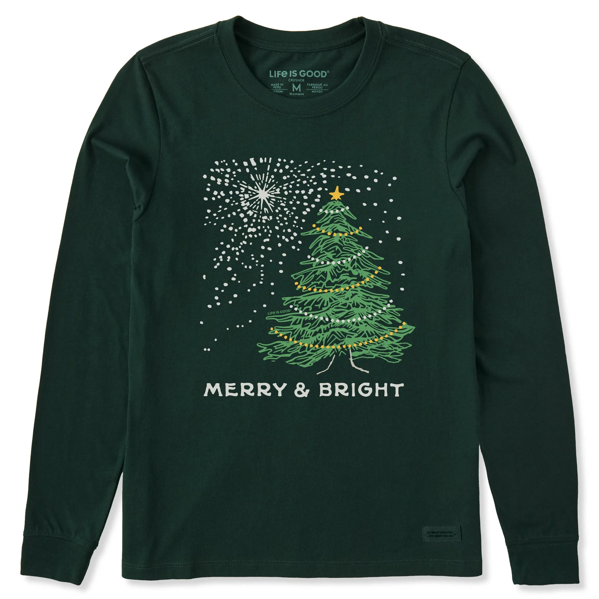 Women's Merry & Bright Tree Stars Long Sleeve Crusher Tee sold by Life is Good
