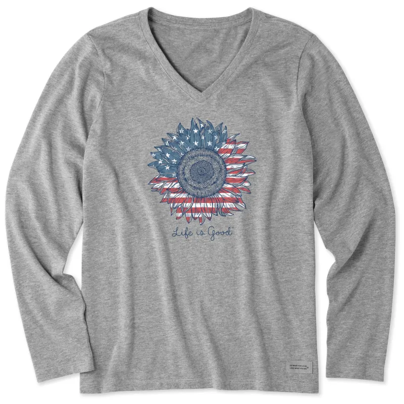 Women's American Sunflower Long Sleeve Crusher-LITE Vee sold by Life is Good