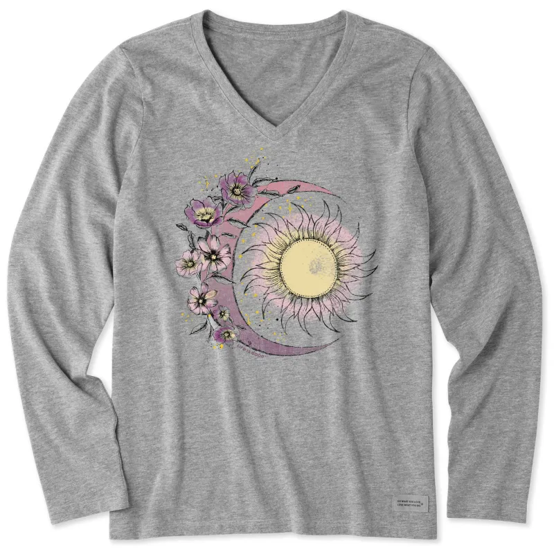 Women's Moon Flower Long Sleeve Crusher-LITE Vee sold by Life is Good