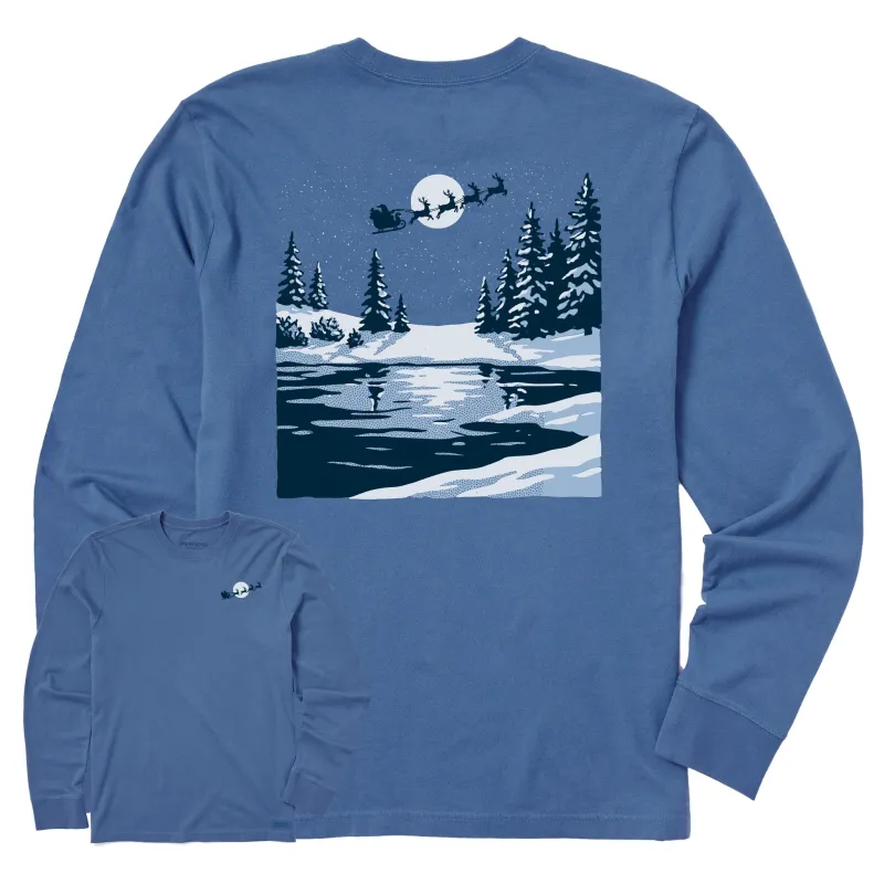 Men's Snowy Santa Moon Long Sleeve Crusher Tee sold by Life is Good