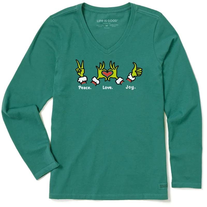 Women's Peace Love Joy Grinch Long Sleeve Crusher Vee sold by Life is Good