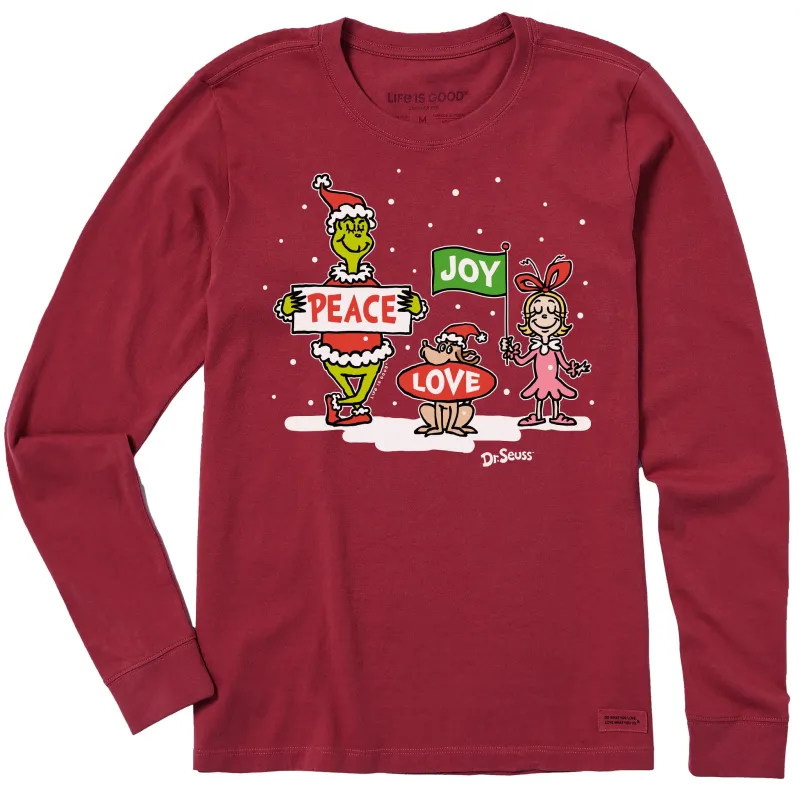 Women's Grinch Peace Love Joy Long Sleeve Crusher Tee sold by Life is Good