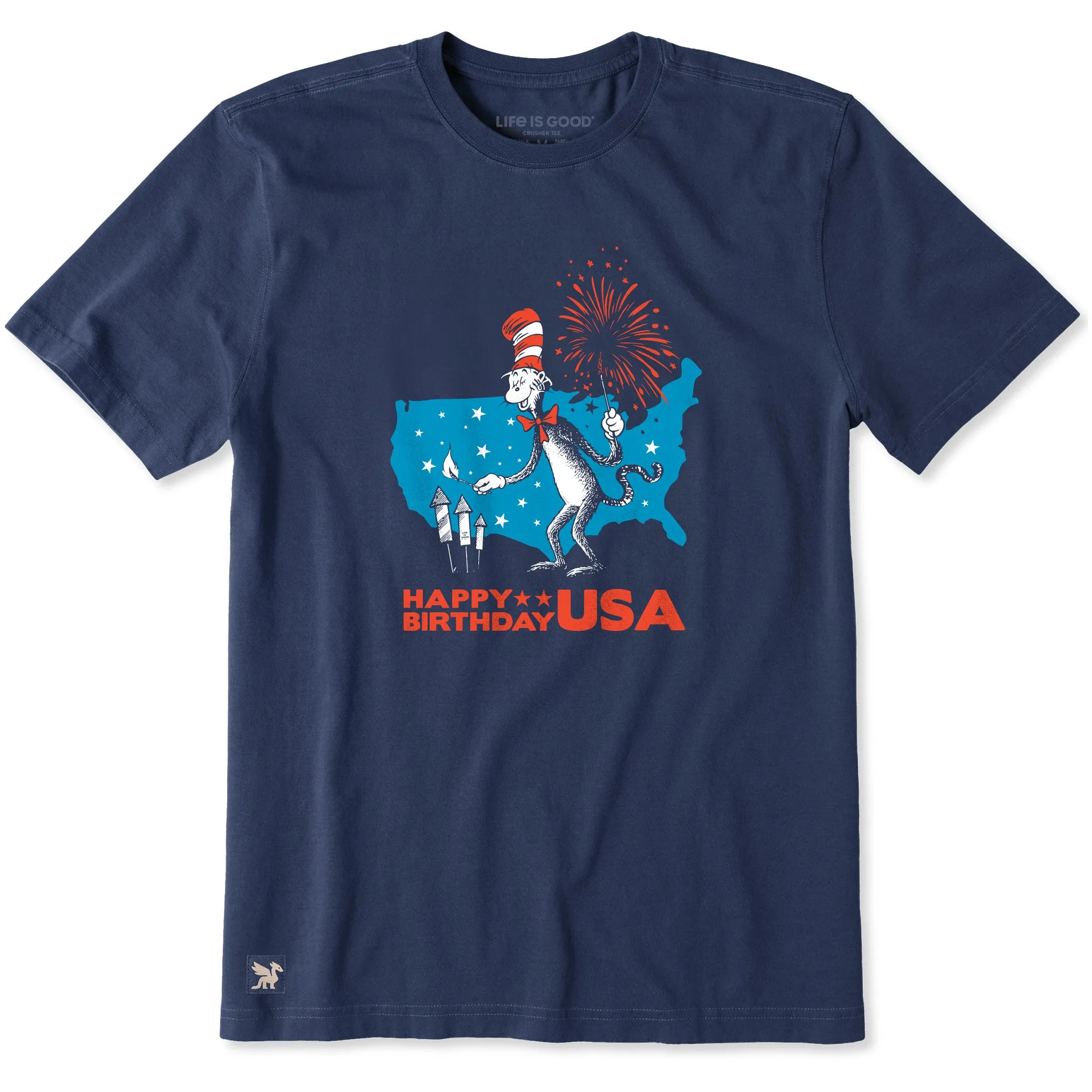 Men's Happy Birthday USA Cat in the Hat Short Sleeve Crusher Tee sold by Life is Good