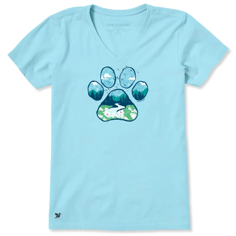 Women's Paw Print Mountain Stream Short Sleeve Crusher-LITE Vee sold by Life is Good