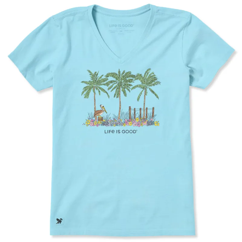 Women's Pelican Palm Flowerbed Short Sleeve Vee sold by Life is Good