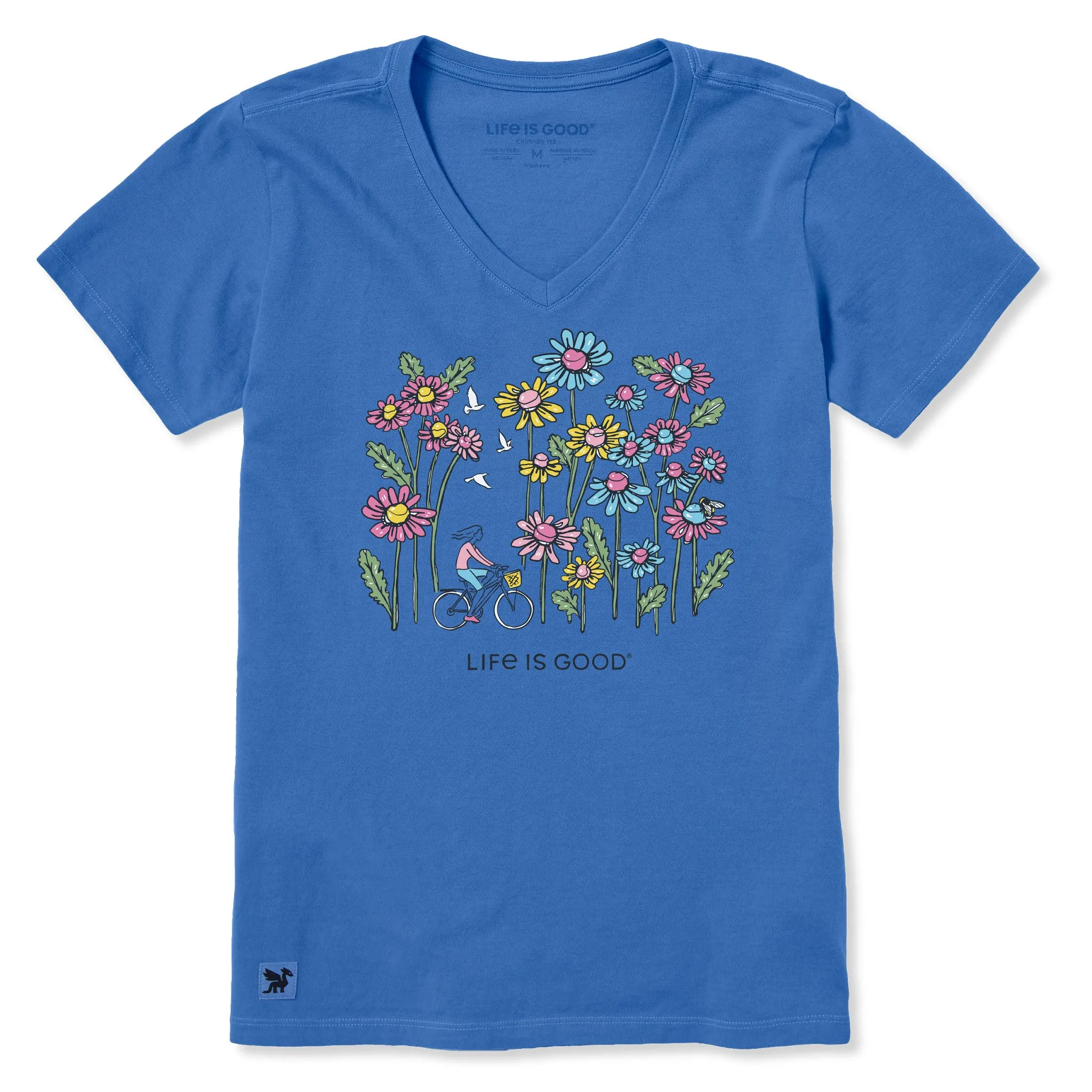 Women's Biking with Doves and Daisies Short Sleeve Crusher-LITE Vee sold by Life is Good