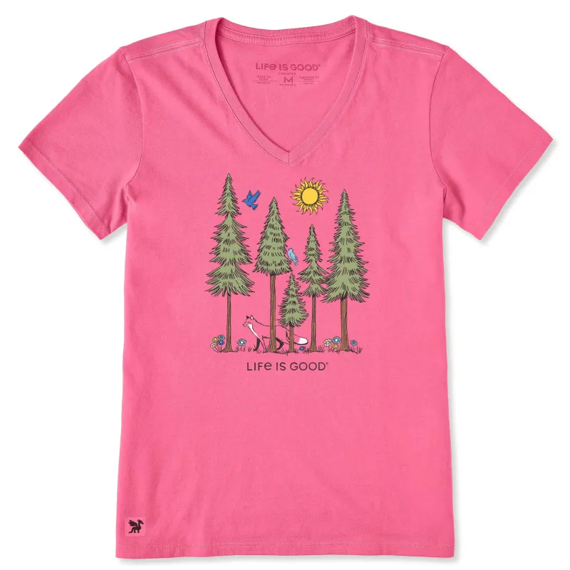 Women's Sunny Fox Among Trees and Birds Short Sleeve Crusher-LITE Vee sold by Life is Good