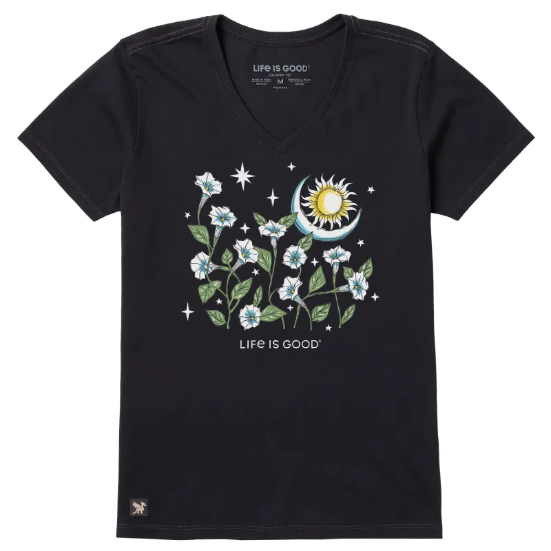 Women's Sun and Moonflowers Short Sleeve Crusher-LITE Vee sold by Life is Good