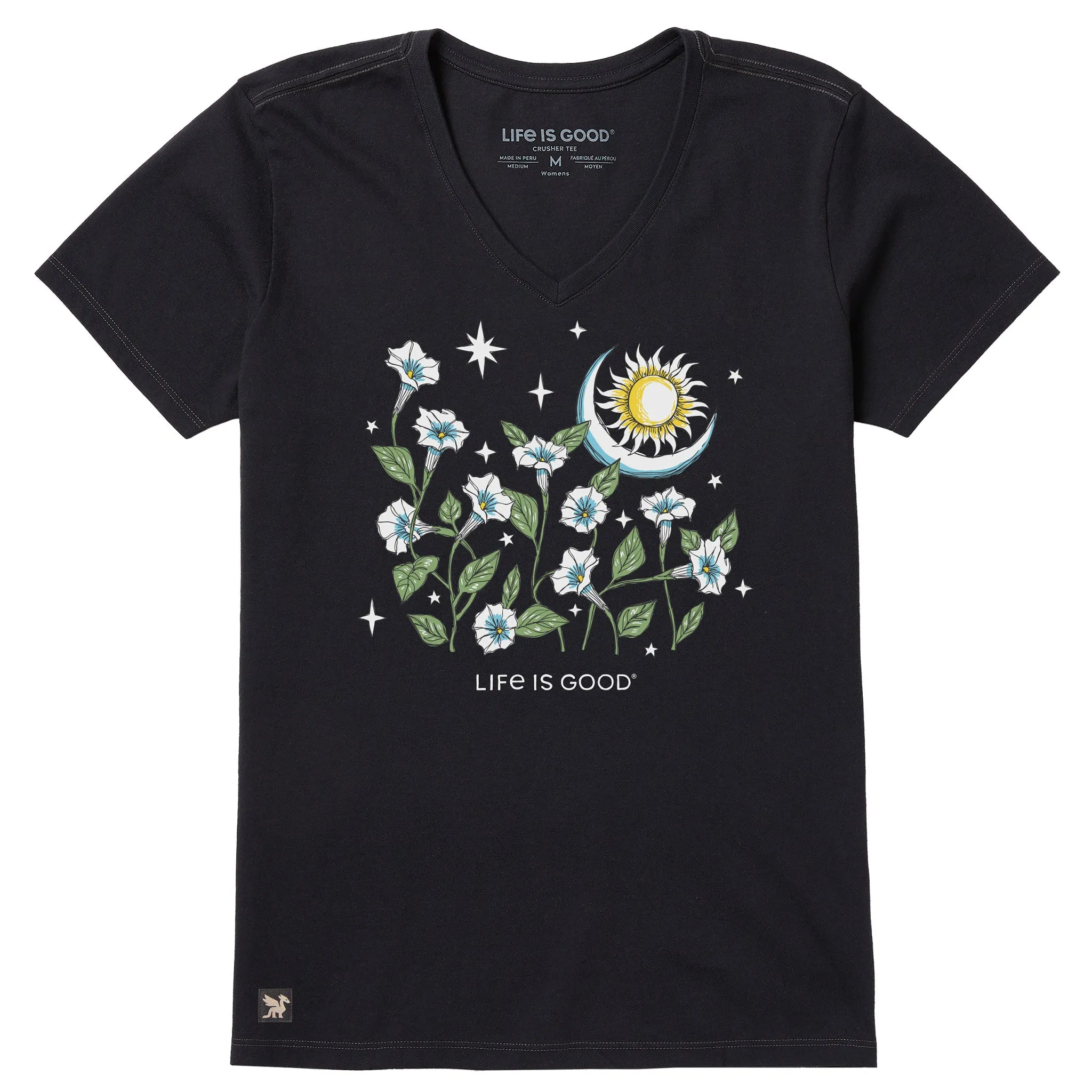 Women's Sun and Moonflowers Short Sleeve Crusher-LITE Vee sold by Life is Good
