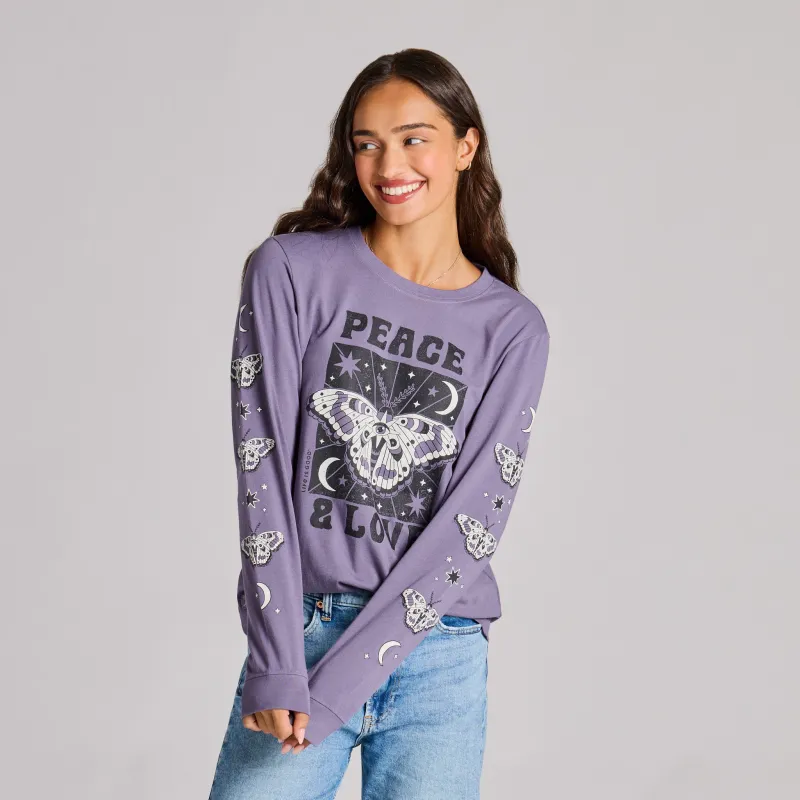 Women's Peace and Love Celestial Butterfly Long Sleeve Crusher Tee sold by Life is Good