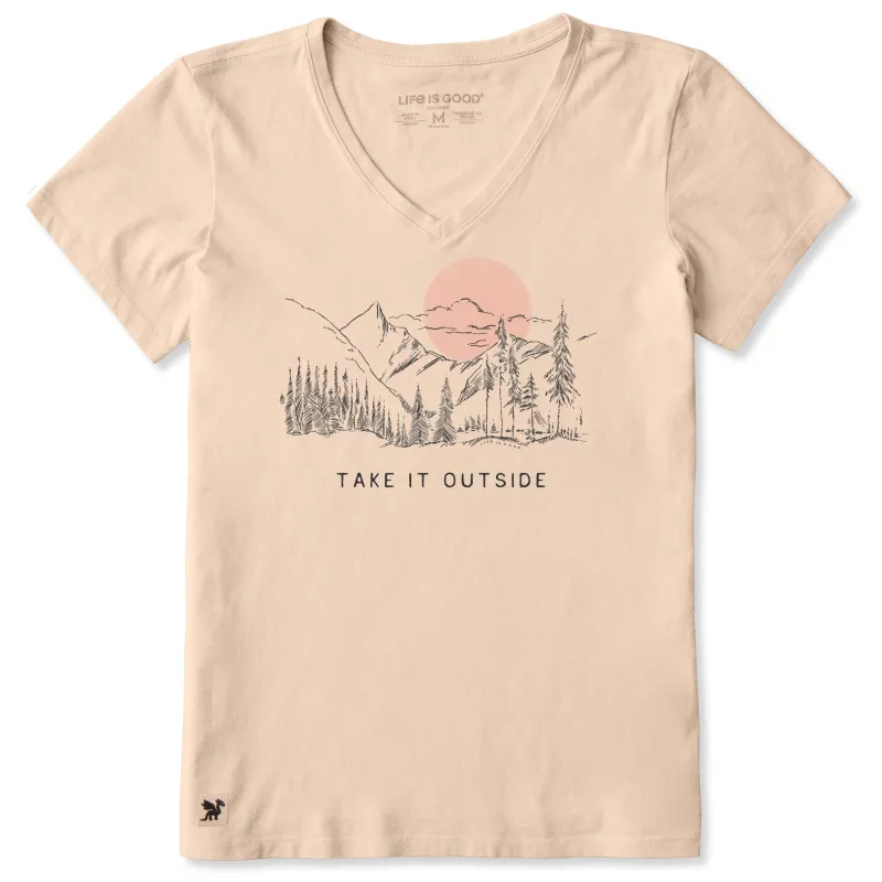 Women's Mountain Trees Sketch Short Sleeve Crusher-LITE Vee sold by Life is Good