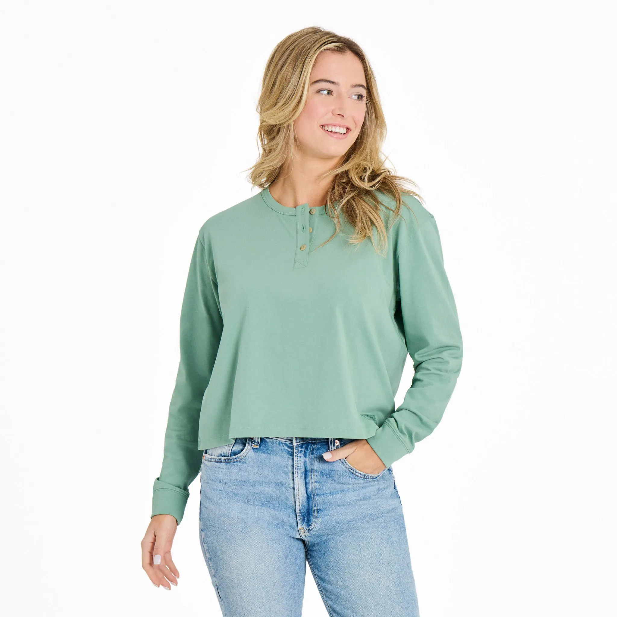Women's Solid Crusher Boxy Henley sold by Life is Good