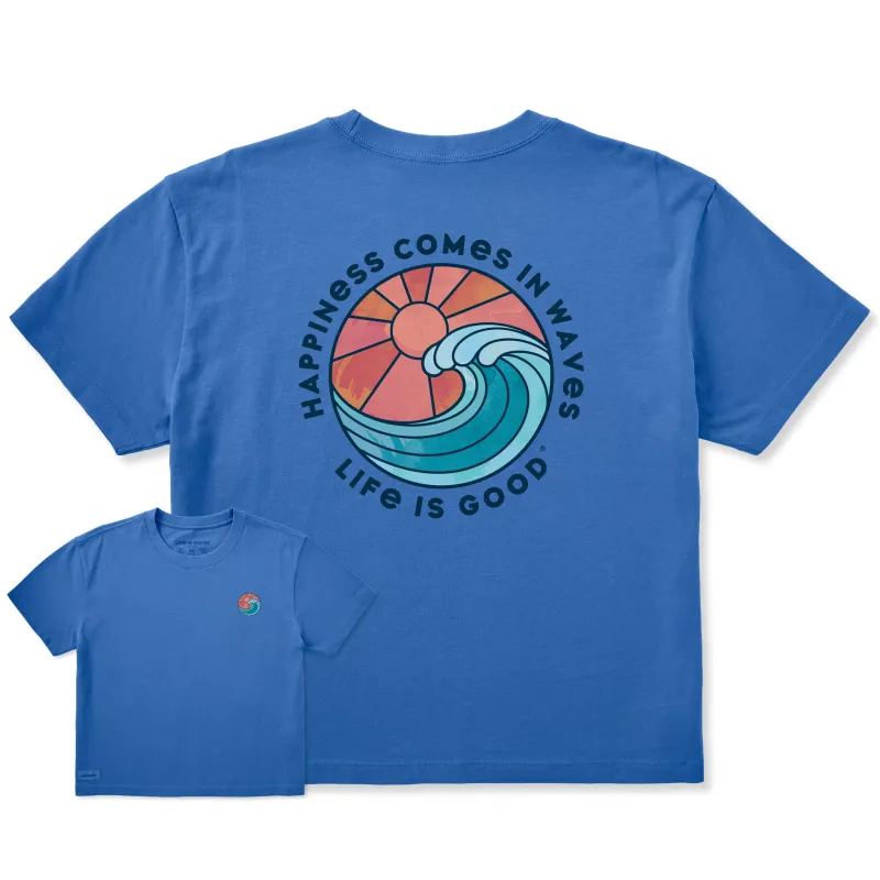 Women's Happiness Comes in Waves Tie Dye Short Sleeve Crusher Boxy Tee sold by Life is Good