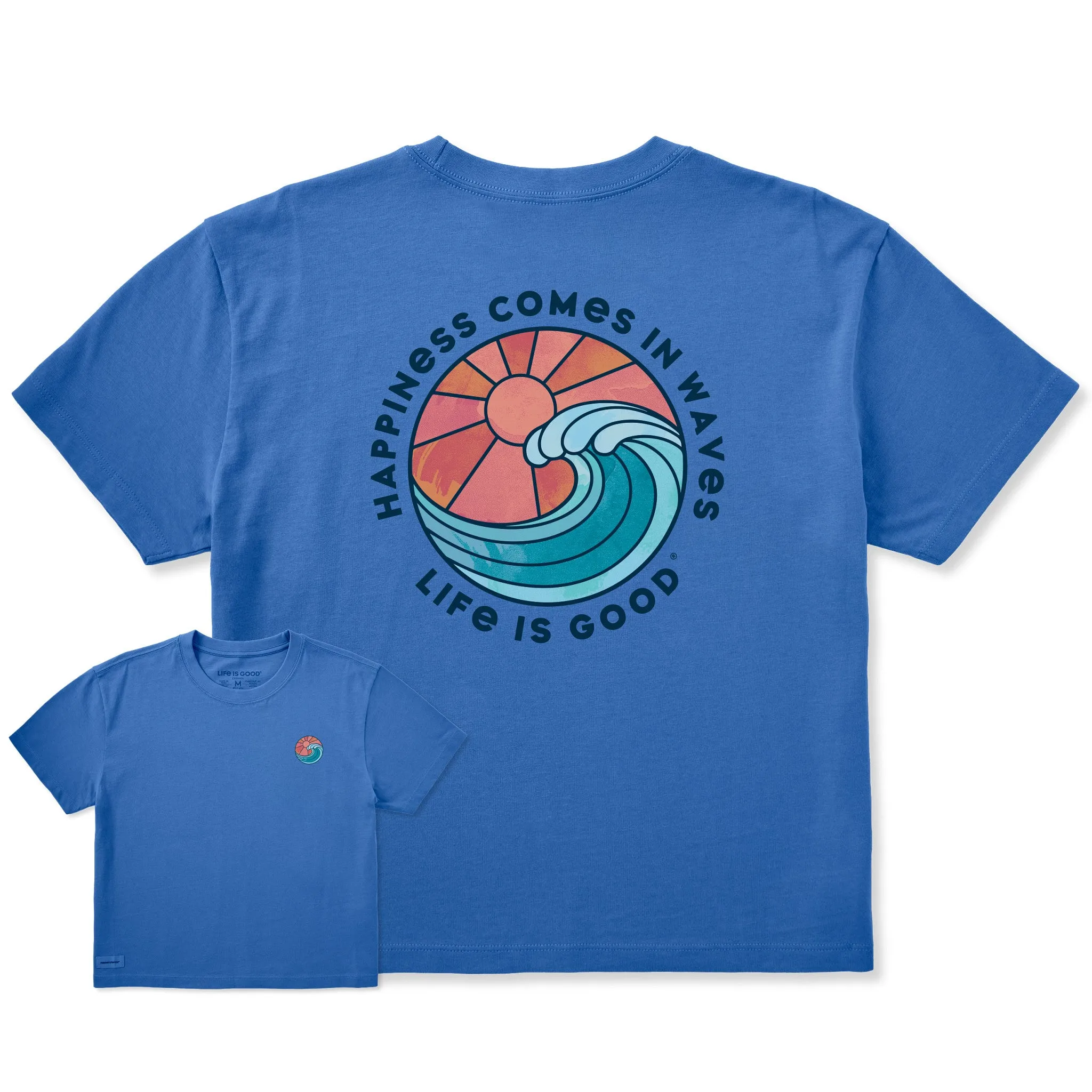 Women's Happiness Comes in Waves Tie Dye Short Sleeve Crusher Boxy Tee sold by Life is Good