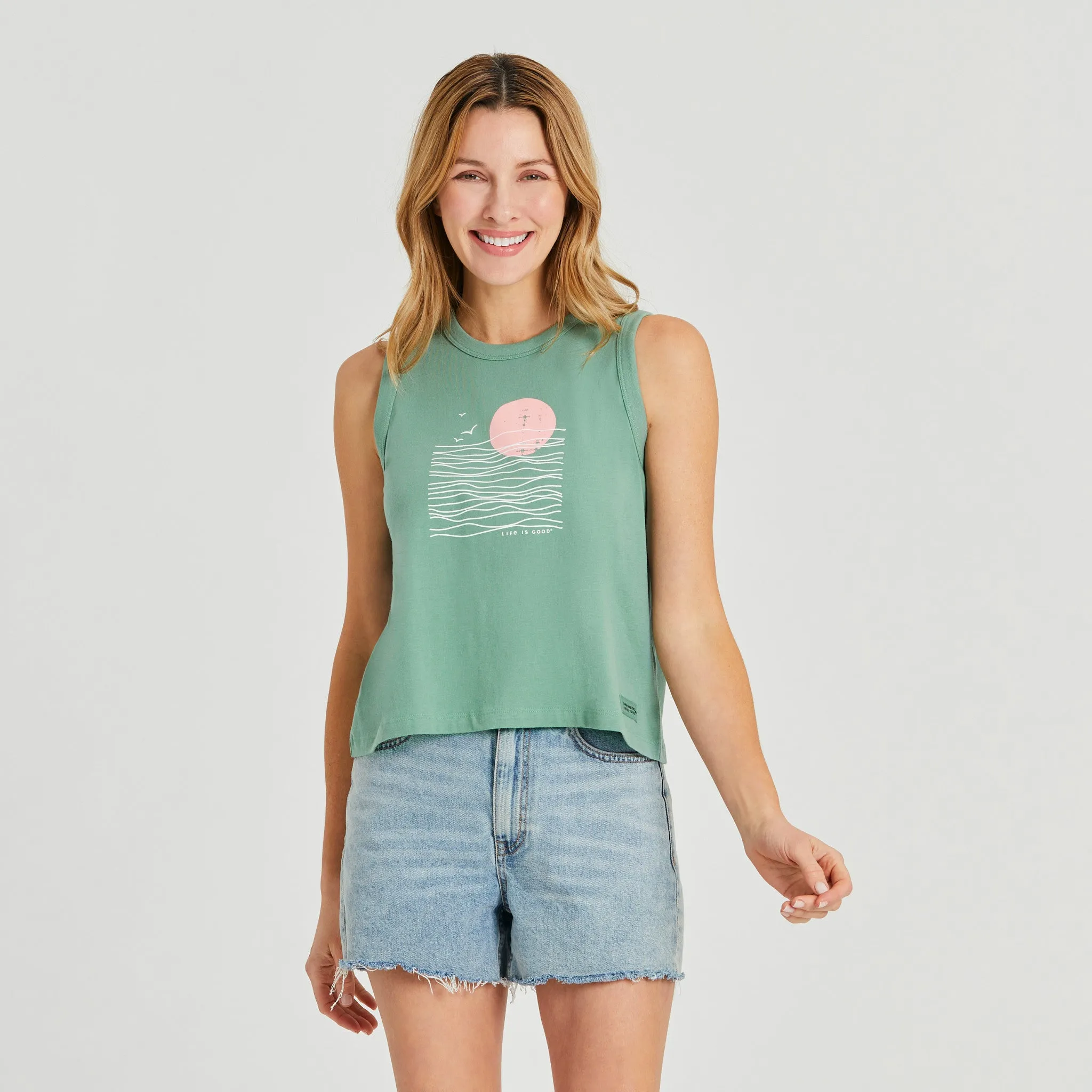 Women's Life is Good Sunset Waves Crusher Boxy Tank sold by Life is Good