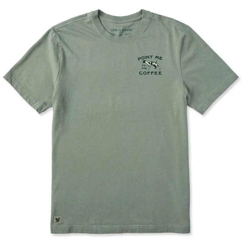 Men's Point Me to the Coffee Short Sleeve Crusher Tee sold by Life is Good