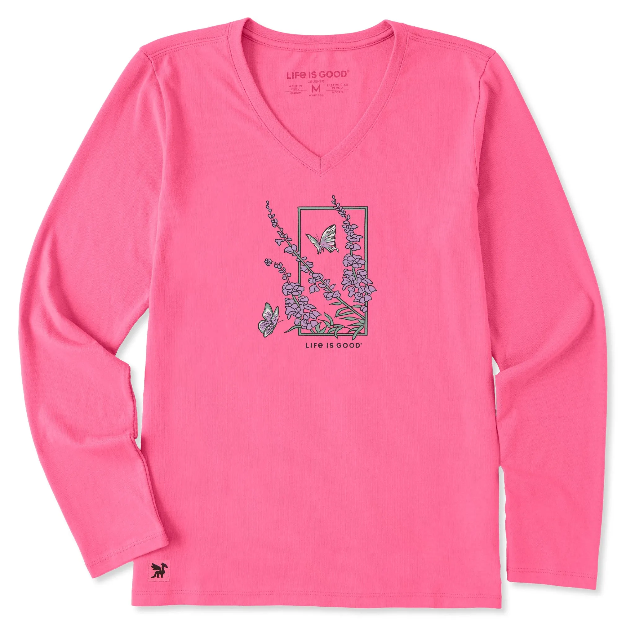 Women's Larkspur Flower Frame Long Sleeve Crusher Vee sold by Life is Good