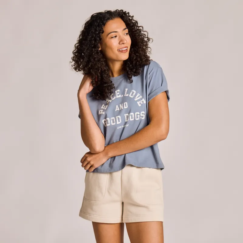 Women's Peace, Love, and Good Dogs Short Sleeve Crusher Boxy Tee made by Life is Good