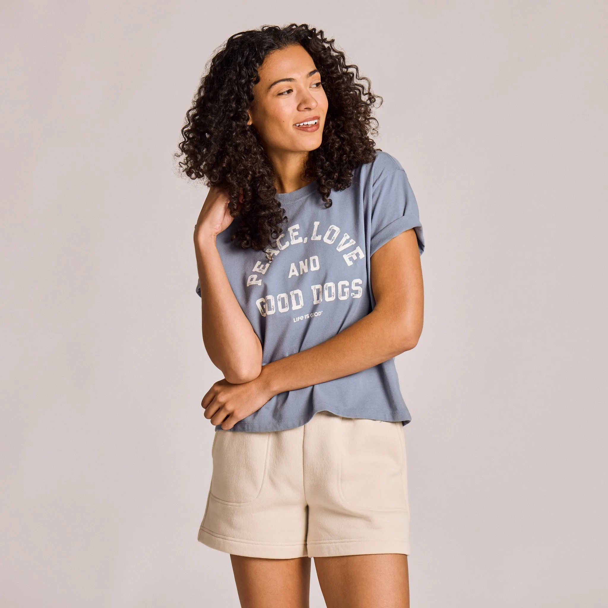 Women's Peace, Love, and Good Dogs Short Sleeve Crusher Boxy Tee sold by Life is Good