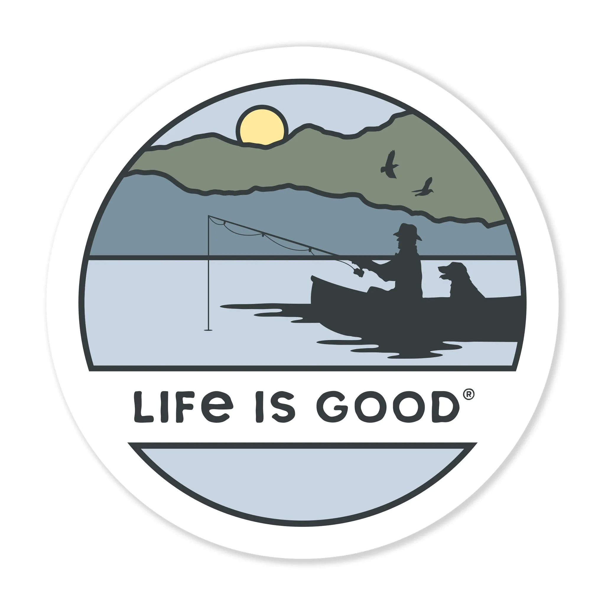Fishing Sunset 4" Circle Sticker sold by Life is Good