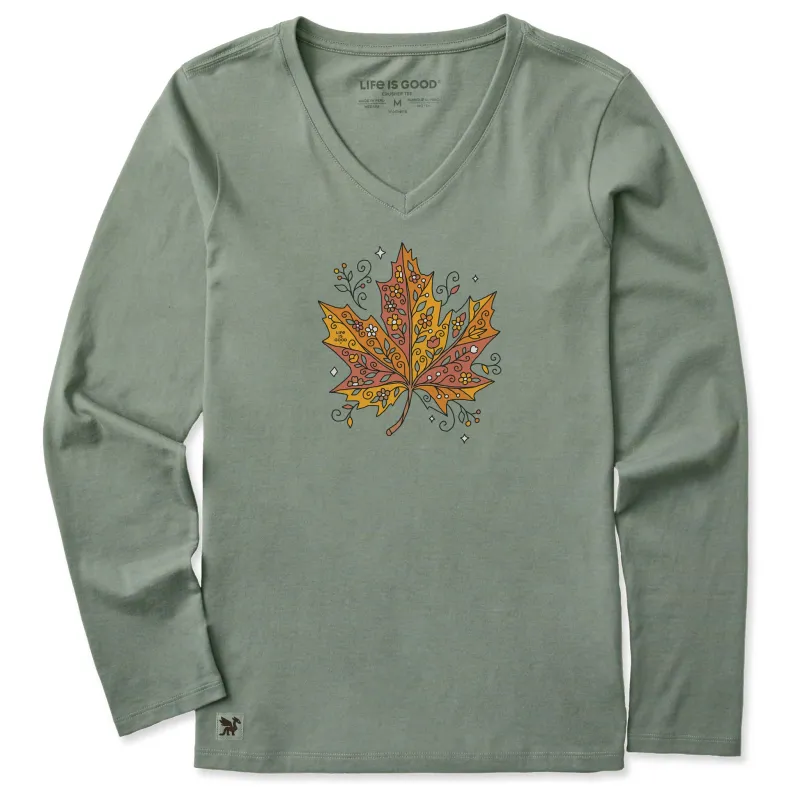 Women's Patchwork Doodle Leaf Long Sleeve Crusher Vee made by Life is Good