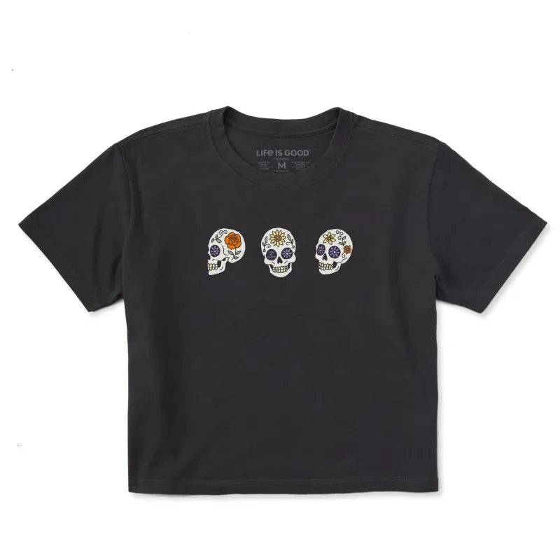 Women's Three Floral Skulls Short Sleeve Crusher Boxy Tee made by Life is Good