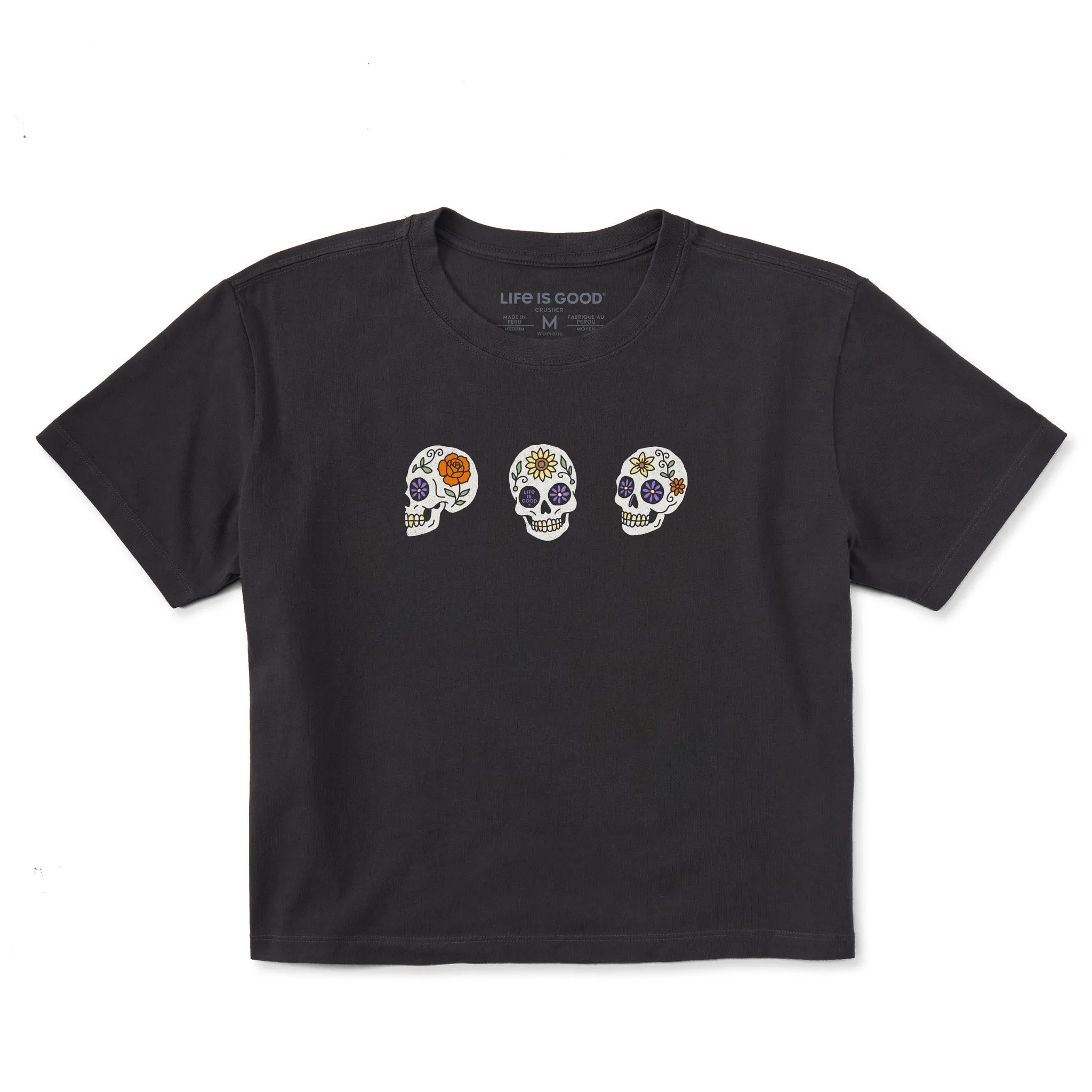 Women's Three Floral Skulls Short Sleeve Crusher Boxy Tee sold by Life is Good