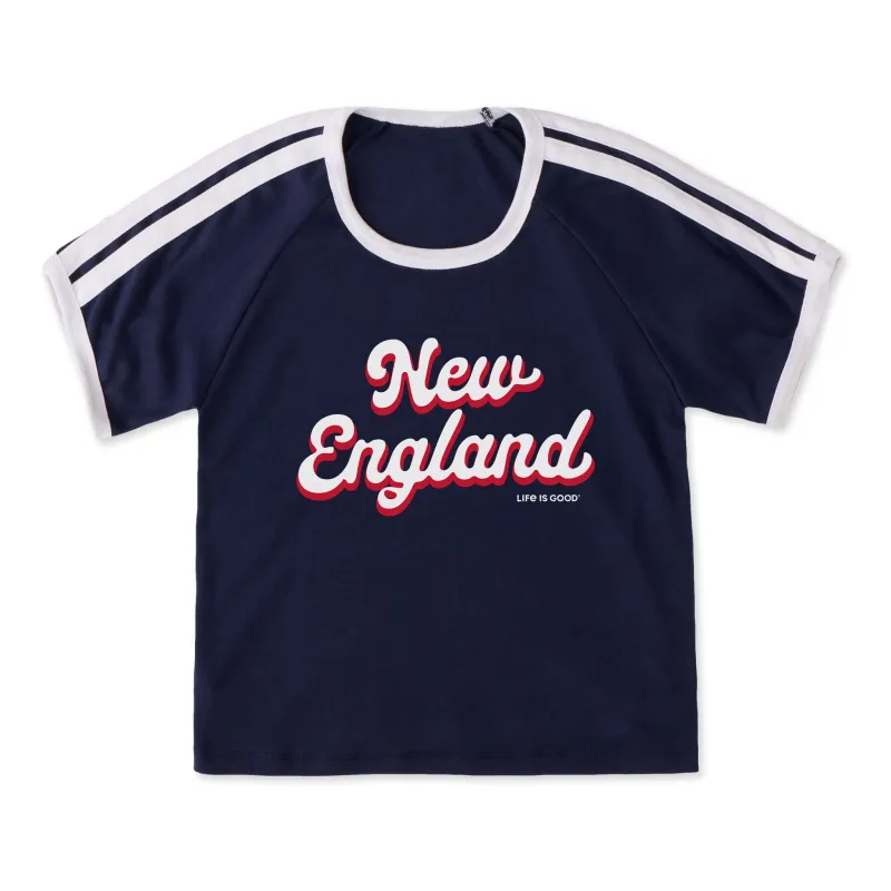 Women's New England Script Shoulder-Striped Ringer Tee made by Life is Good