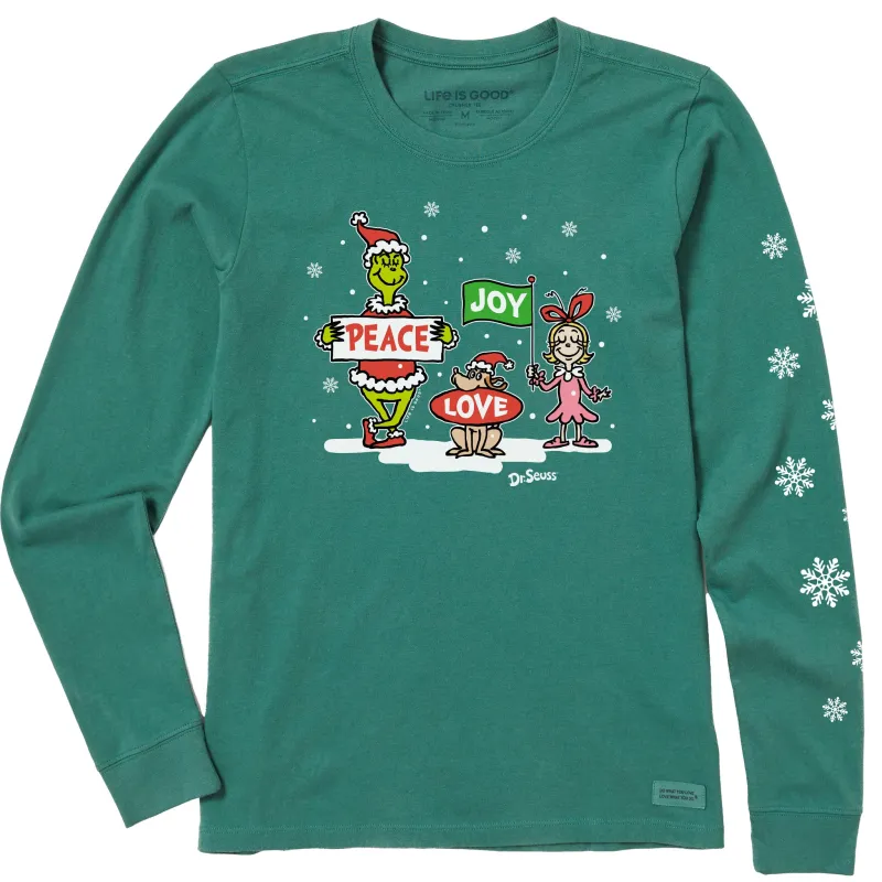 Women's Grinch Peace Love Joy Snow Long Sleeve Crusher Tee made by Life is Good