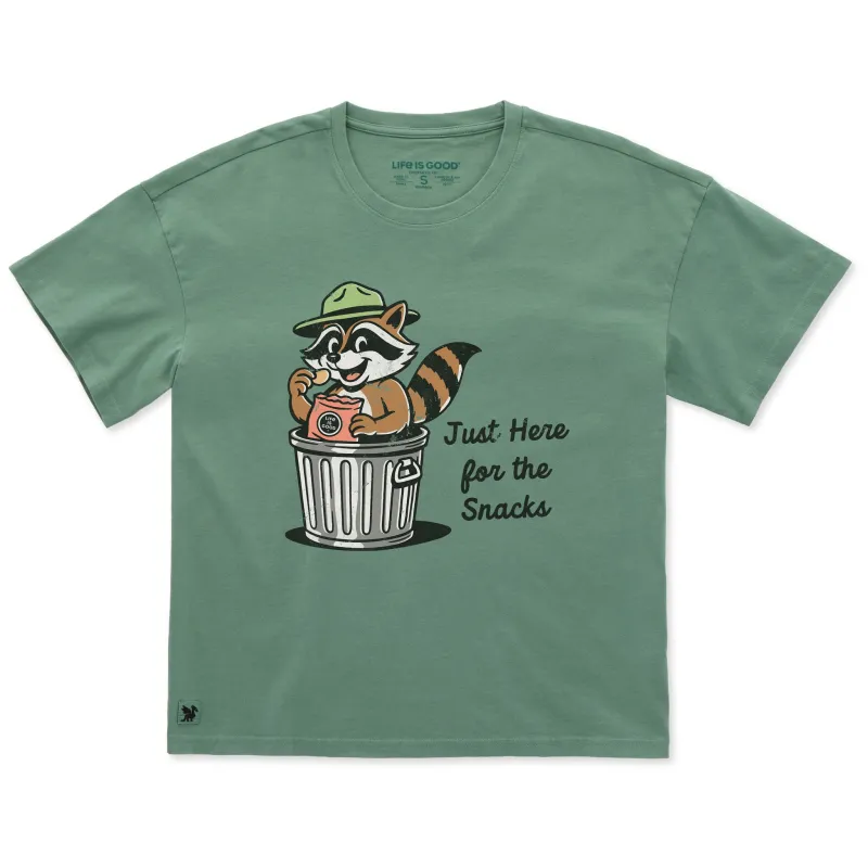 Women's Just Here for The Snacks Raccoon Short Sleeve Oversized Crusher Tee made by Life is Good