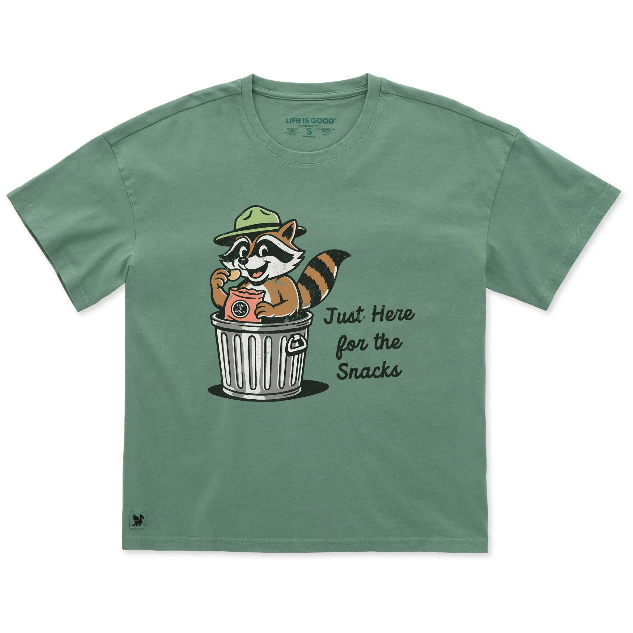 Women's Just Here for The Snacks Raccoon Short Sleeve Oversized Crusher Tee sold by Life is Good