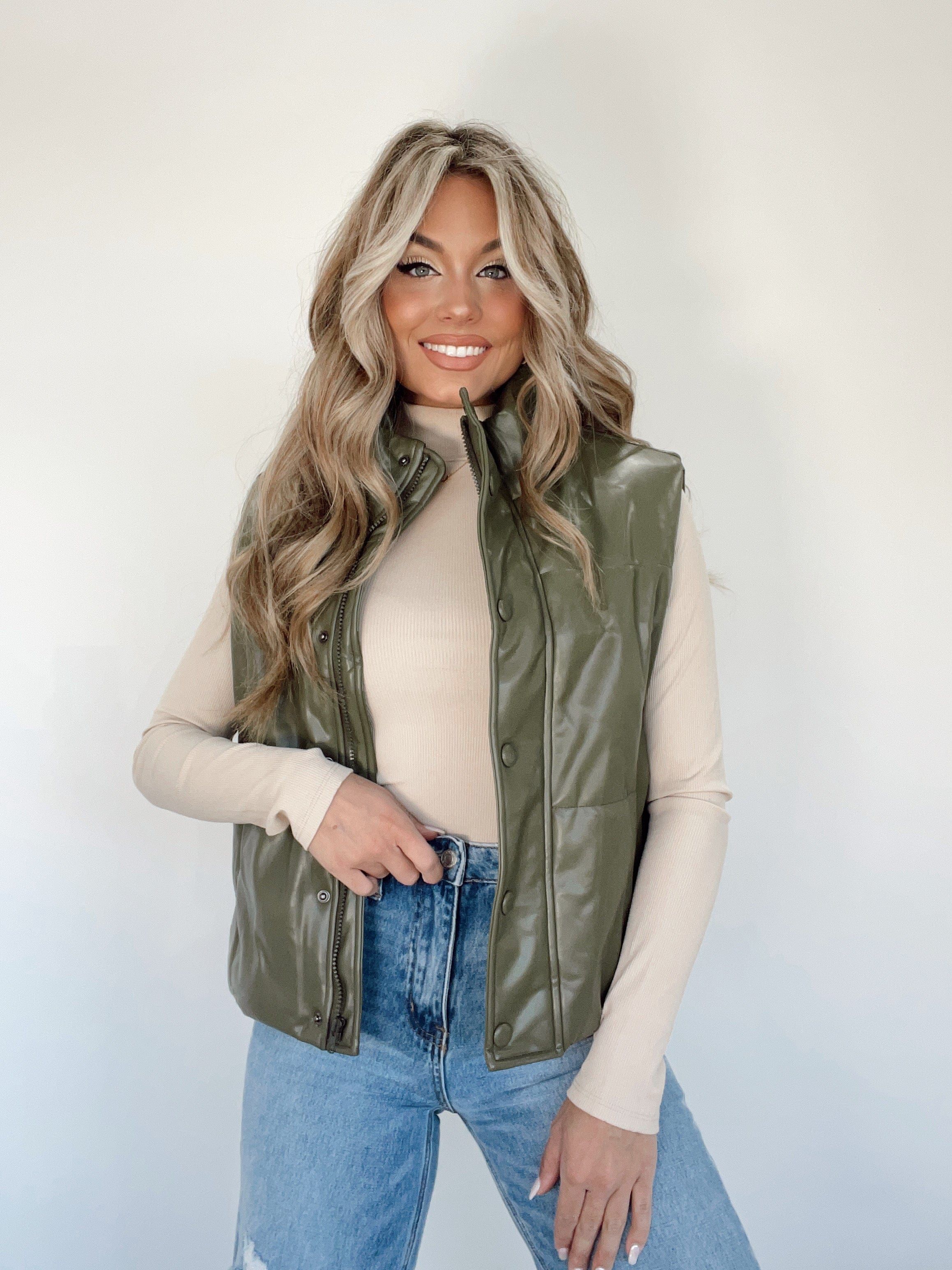 Olive Leather Vest sold by LANE 201