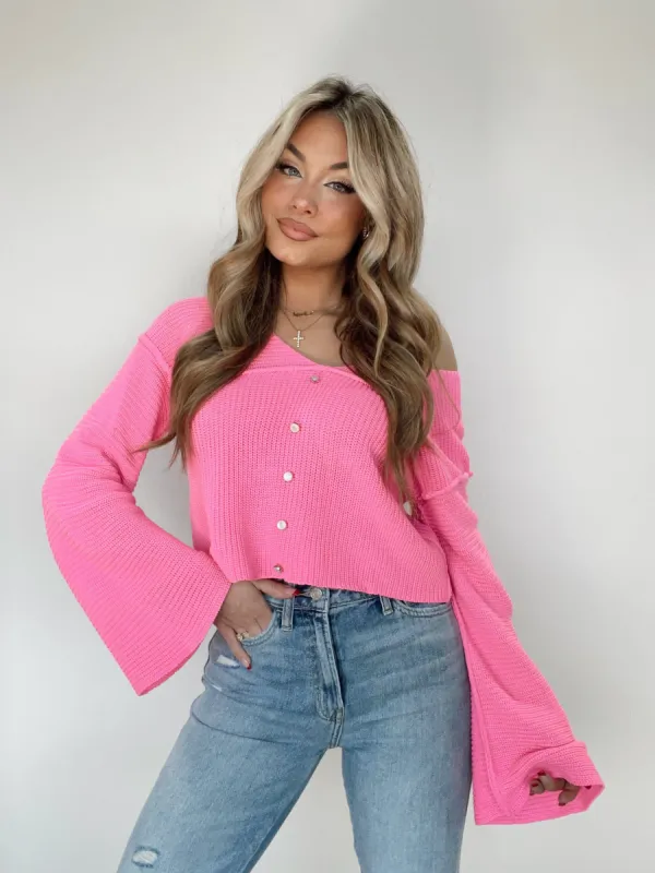 Hot Pink Classy Bell Sleeve Sweater made by LANE 201