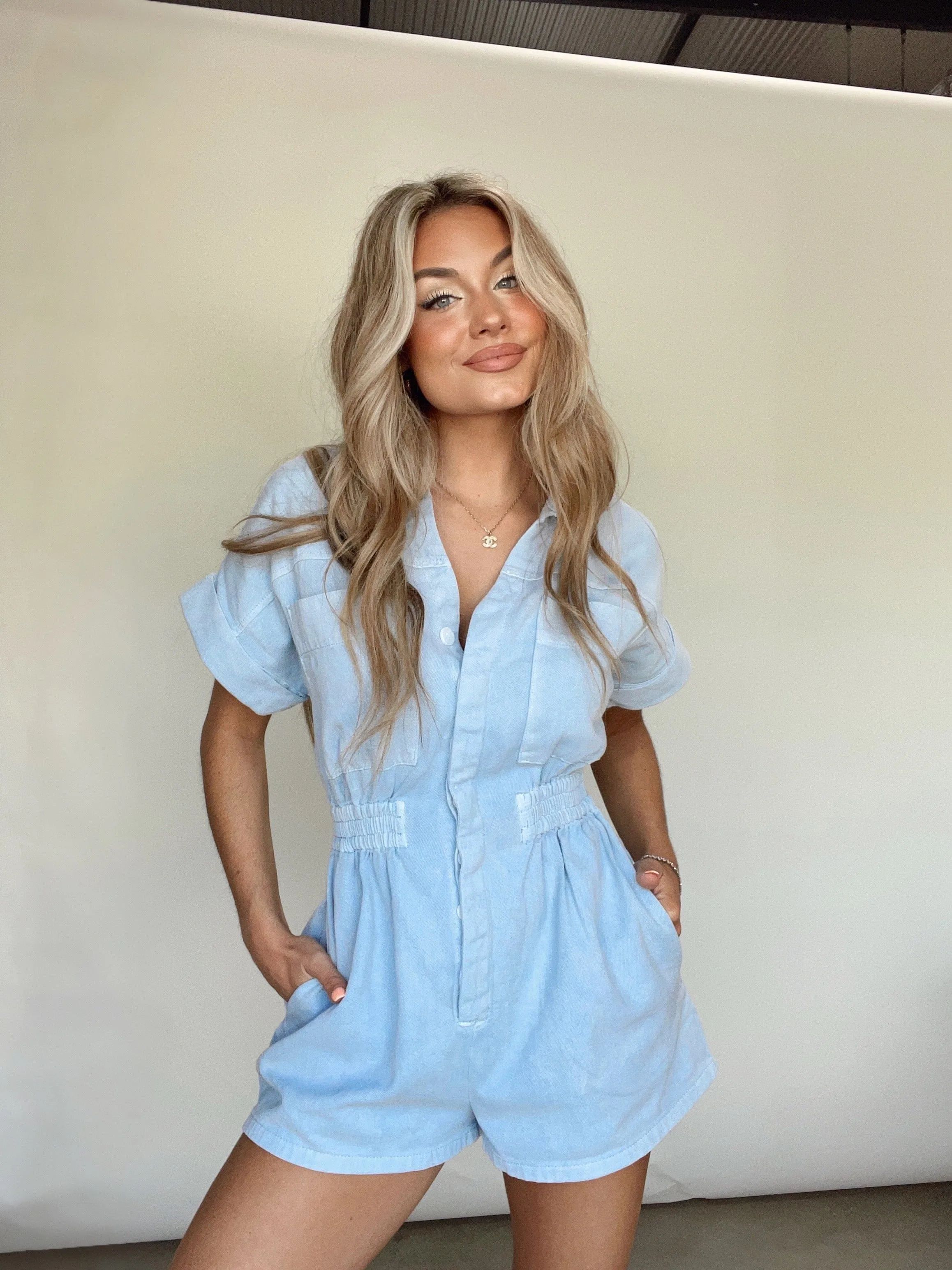 Jump In Denim Romper sold by LANE 201