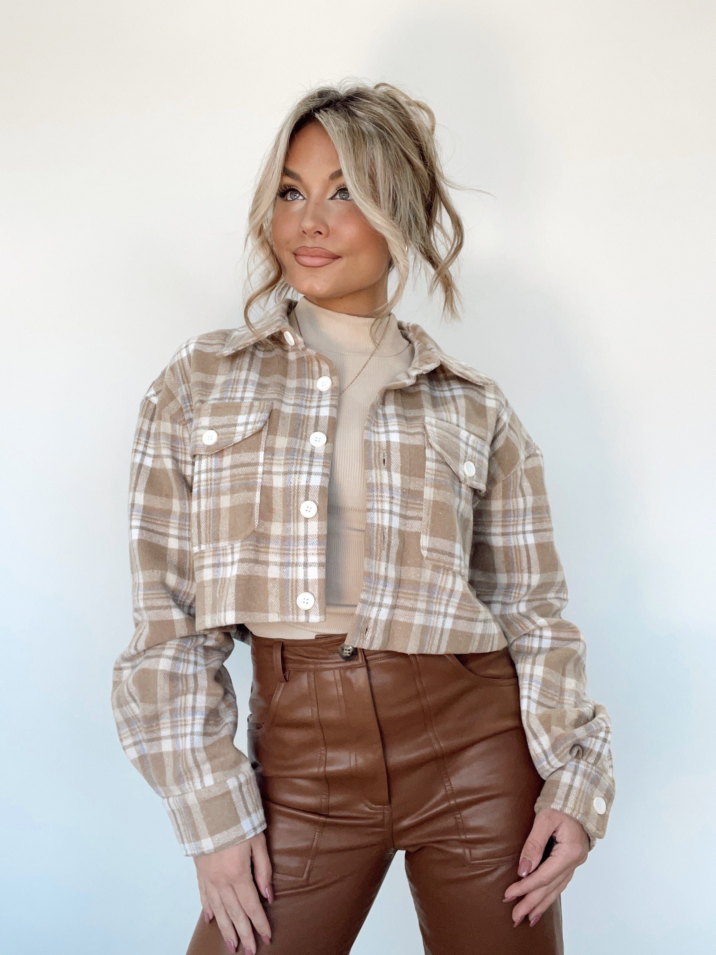 Stay Warm Plaid Cropped Shacket sold by LANE 201 product image thumbnail 2