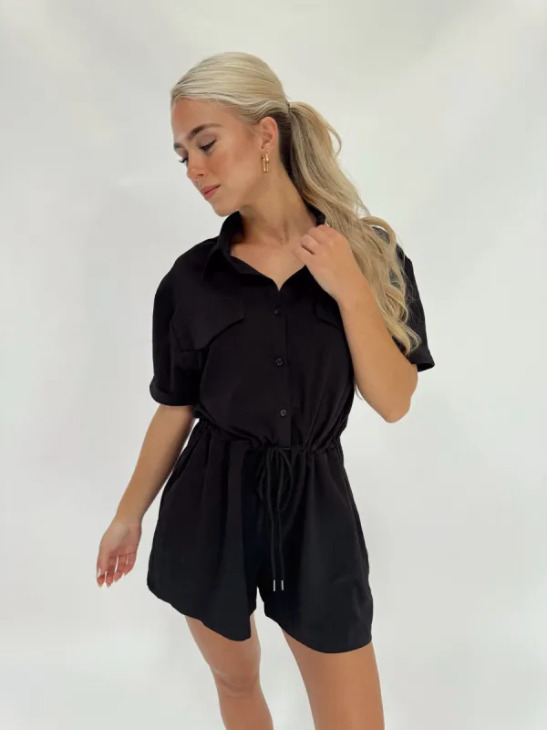 Black Button Down Romper sold by LANE 201