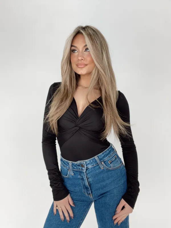 Black Twist Bodysuit sold by LANE 201
