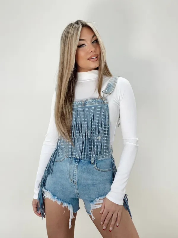 Denim Fringe Overalls sold by LANE 201