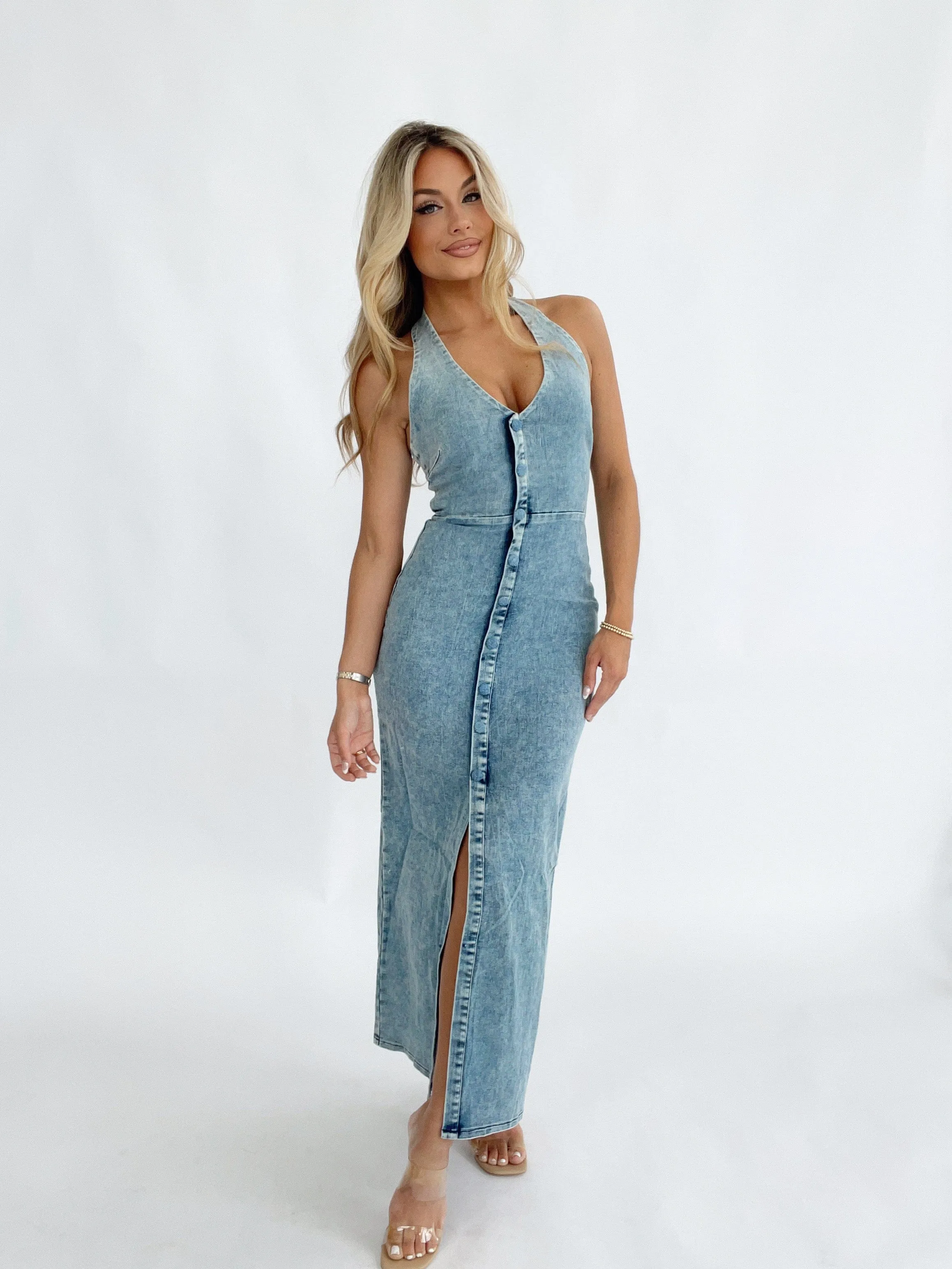 Halterneck Denim MIdi Dress sold by LANE 201