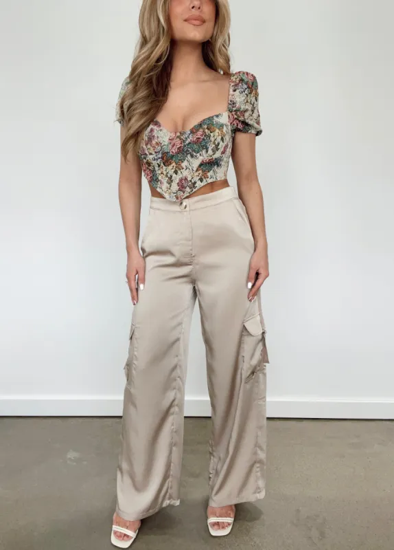 Sand Cargo Satin Pants sold by LANE 201