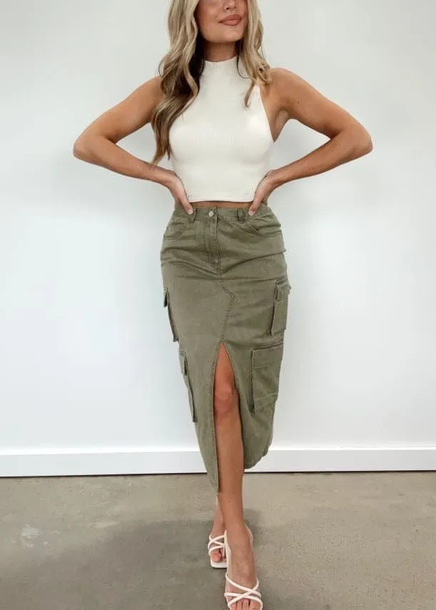 Olive Cargo Midi Skirt sold by LANE 201