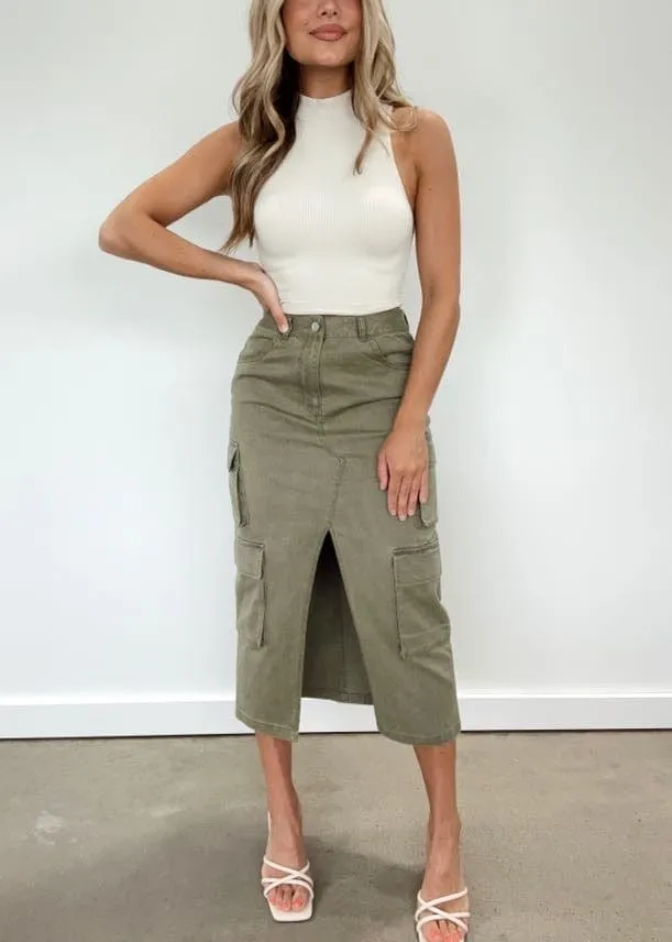 Olive Cargo Midi Skirt sold by LANE 201 product image thumbnail 3