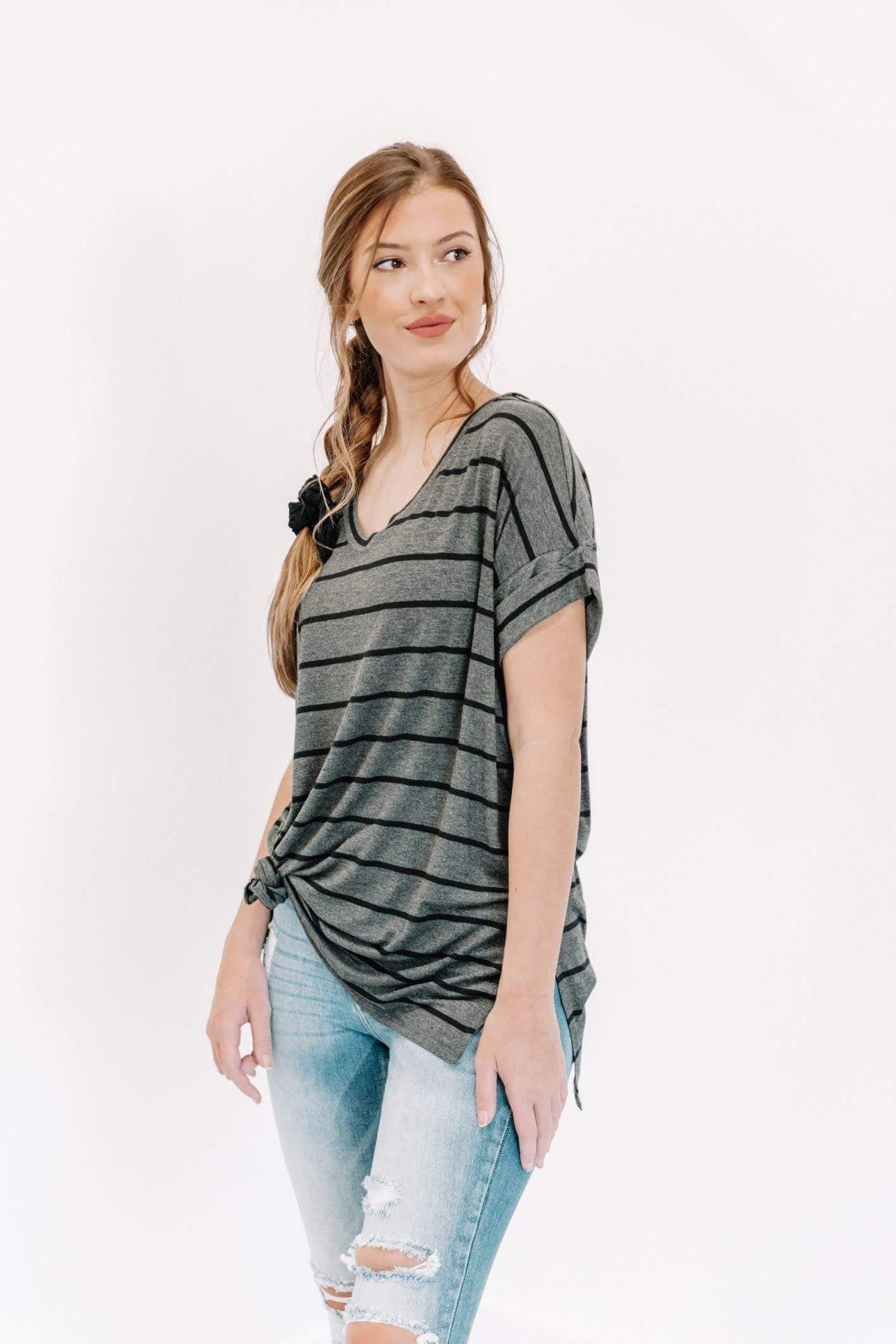 Charcoal/Black Striped Cozy Tee sold by LANE 201