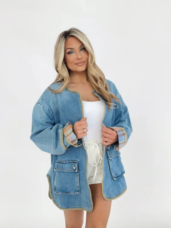 Plaid Plot Denim Jacket sold by LANE 201