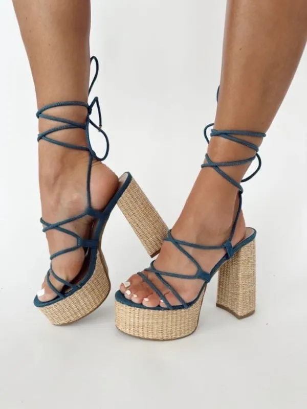 Denim Lace Up Platform Heel sold by LANE 201
