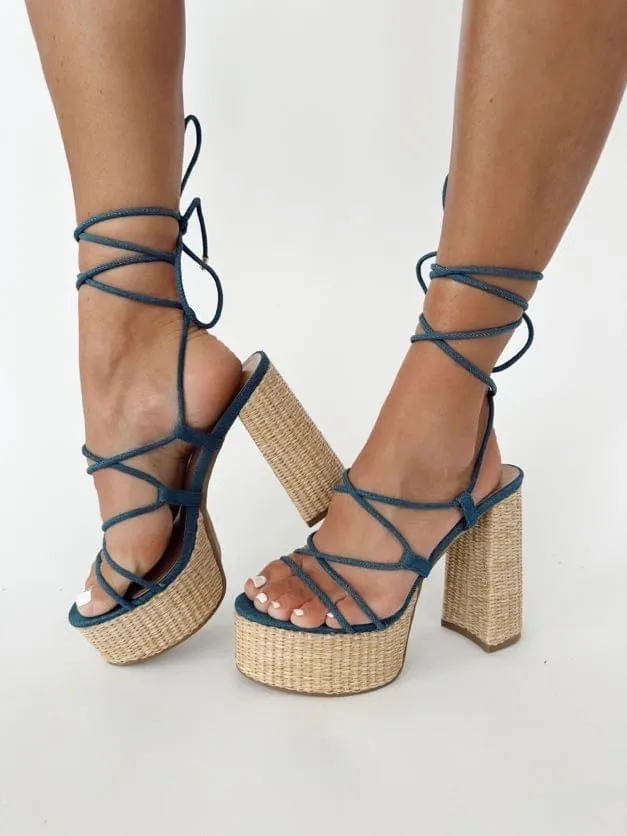 Denim Lace Up Platform Heel sold by LANE 201