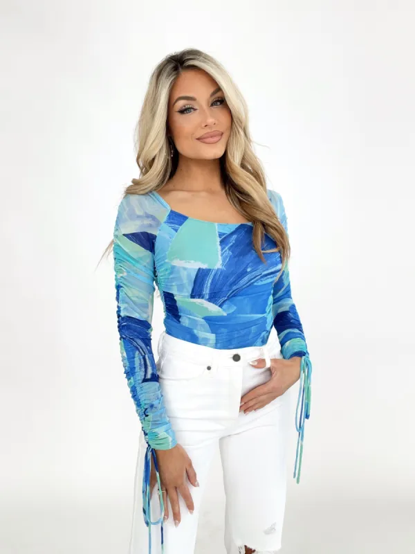 Blue Abstract Bodysuit sold by LANE 201