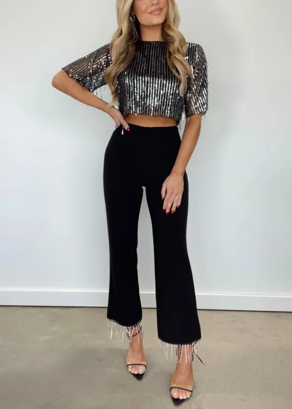 Black Rhinestone Fringe Pants sold by LANE 201
