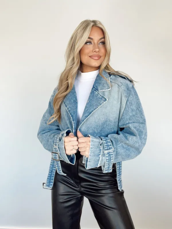 Cropped Denim Buckle Jacket sold by LANE 201